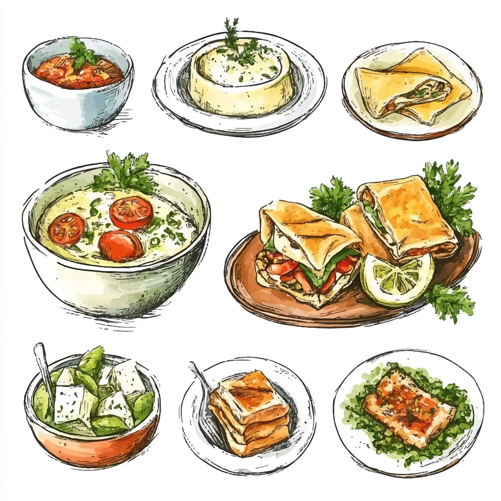Hand-Drawn Greek Cuisine Watercolor Vectors — free download from Dotvec