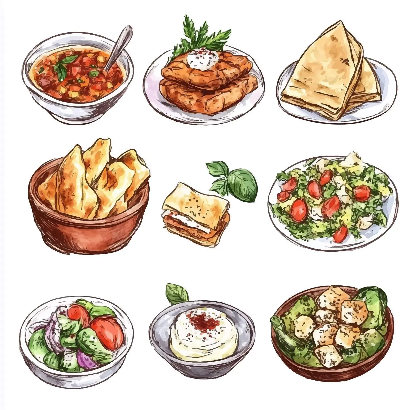Greek Cuisine Watercolor Sketch Set — free download from Dotvec