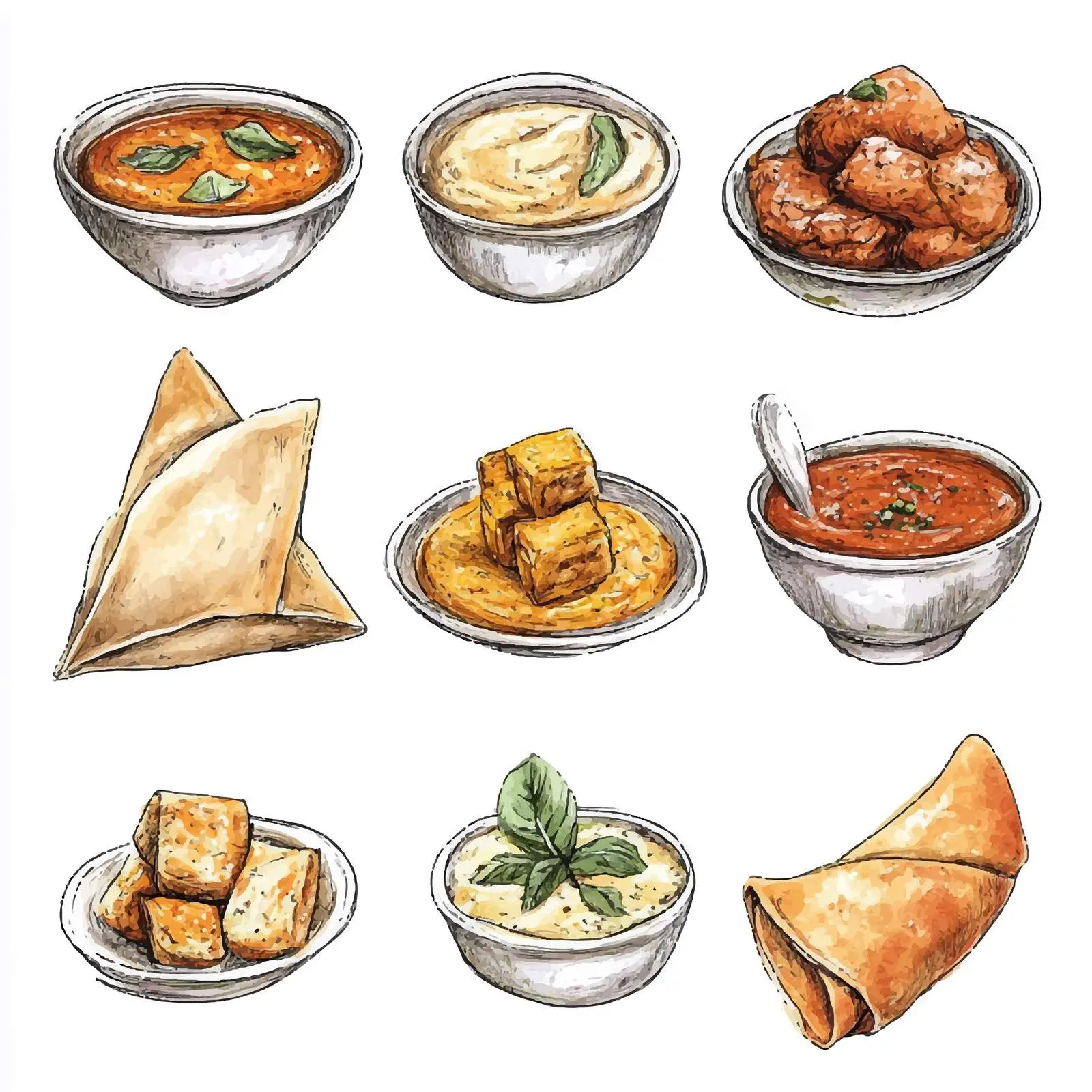 Hand-Drawn Indian Cuisine Watercolor Set – free sketch illustration image from Dotvec