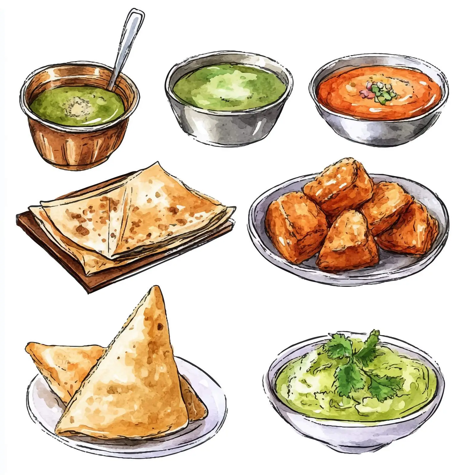 Vibrant Watercolor Indian Cuisine Sketches — free download from Dotvec