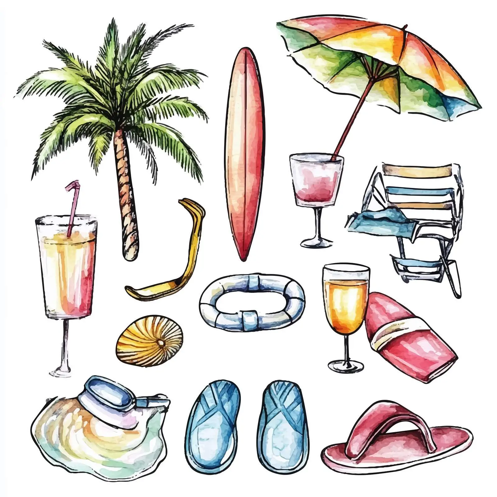 Summer Vacation Watercolor Sketch Set — free download from Dotvec