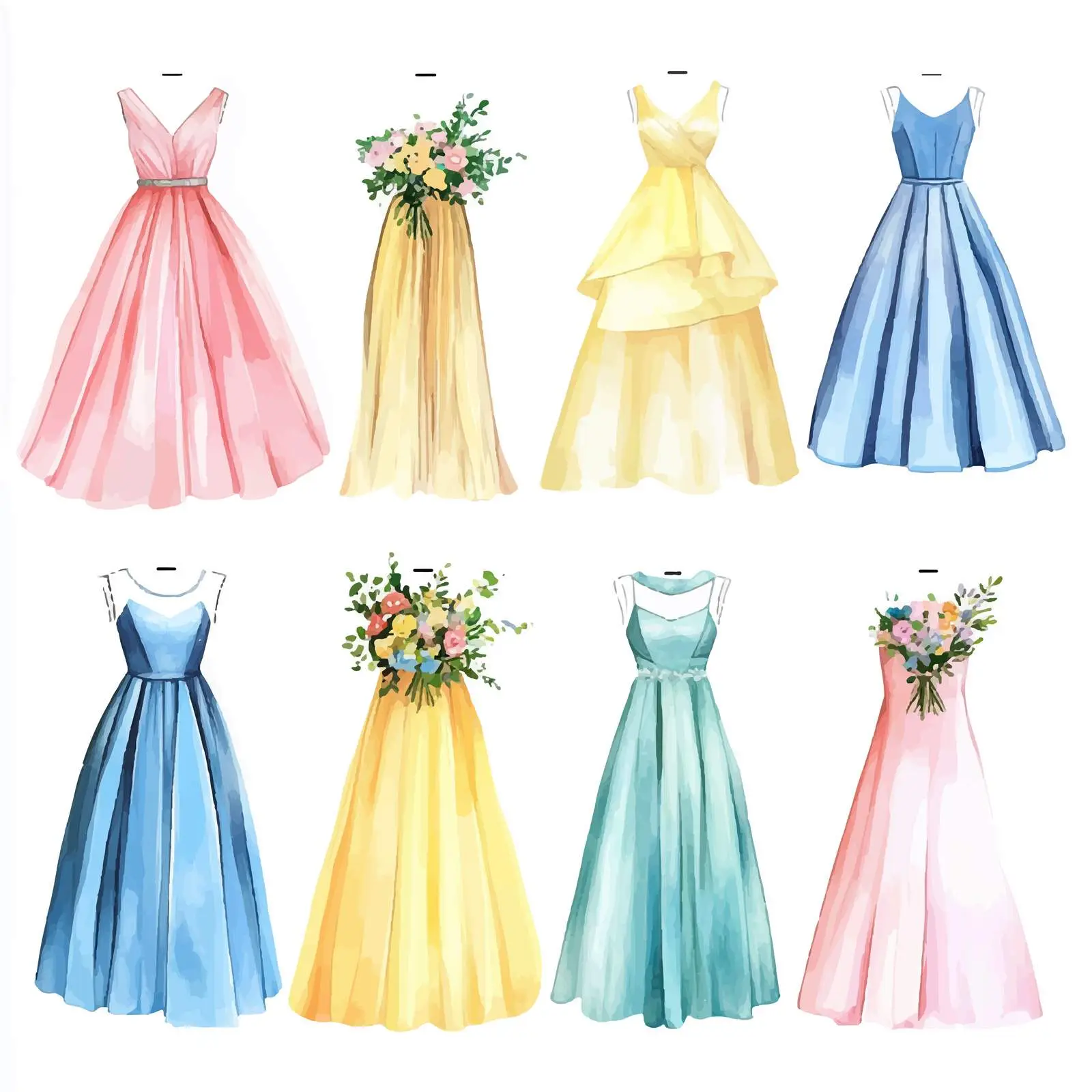Colorful Watercolor Wedding Dresses and Bouquets — free download from Dotvec