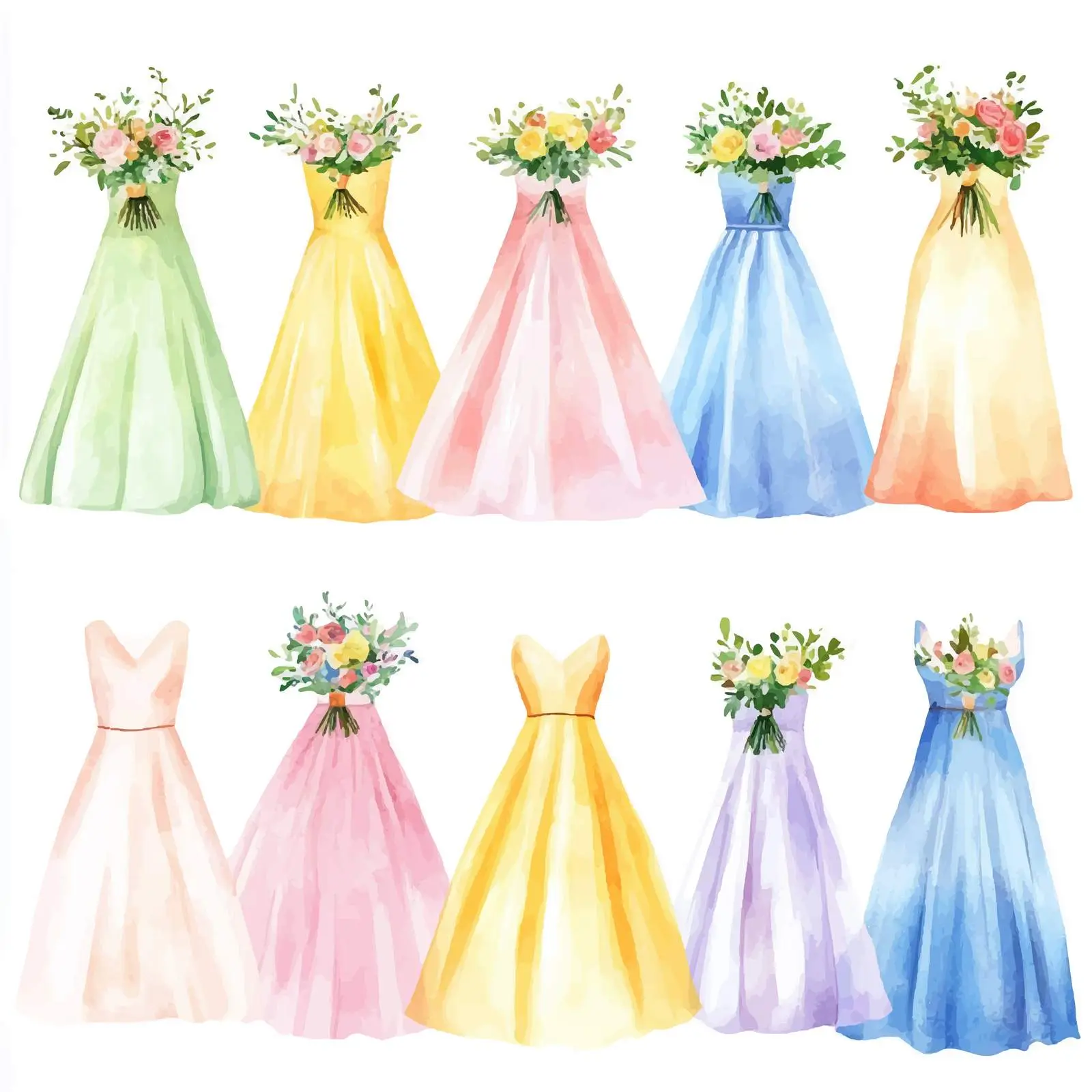 Colorful Watercolor Wedding Dresses and Bouquets – free bridal bouquet image from Dotvec