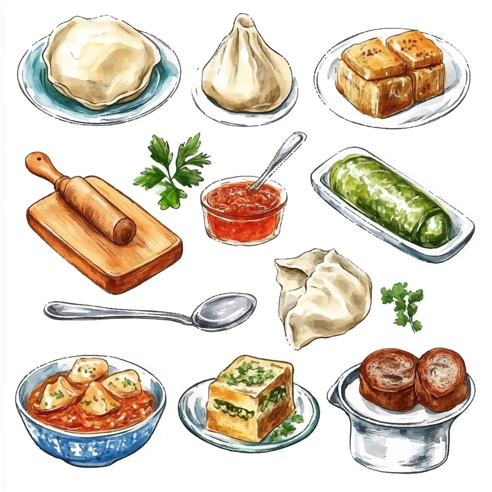 Colorful Watercolor Russian Cuisine Sketches — free download from Dotvec