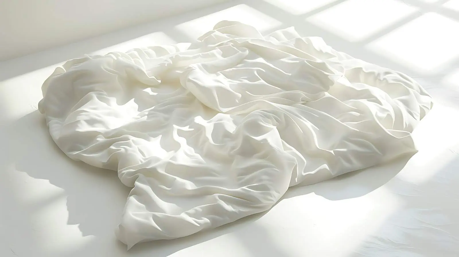 Crumpled White Bed Linens in Sunlight Shadows – free bedroom essentials image from Dotvec