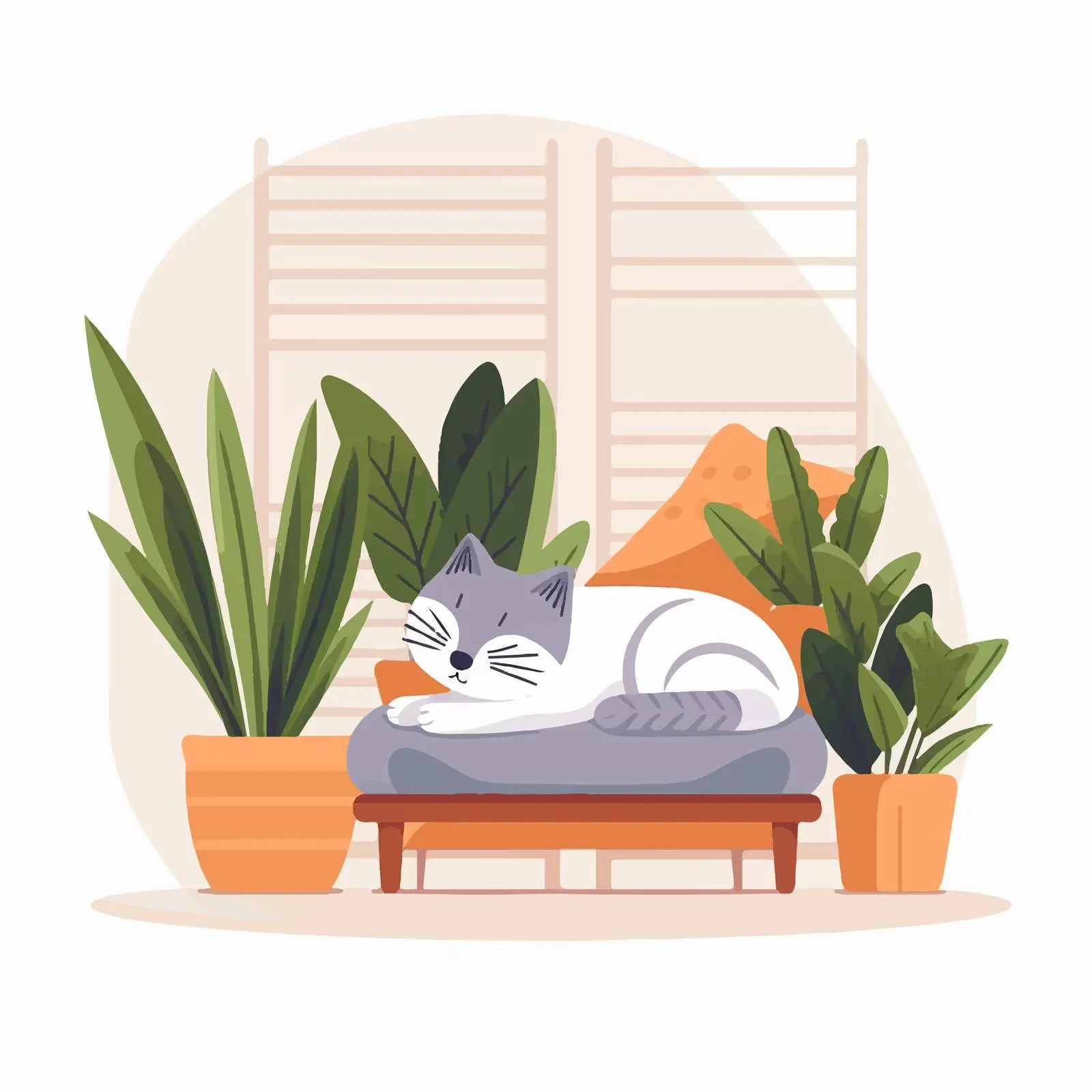 Cozy Living Room with Sleeping Cat and Plants — free download from Dotvec