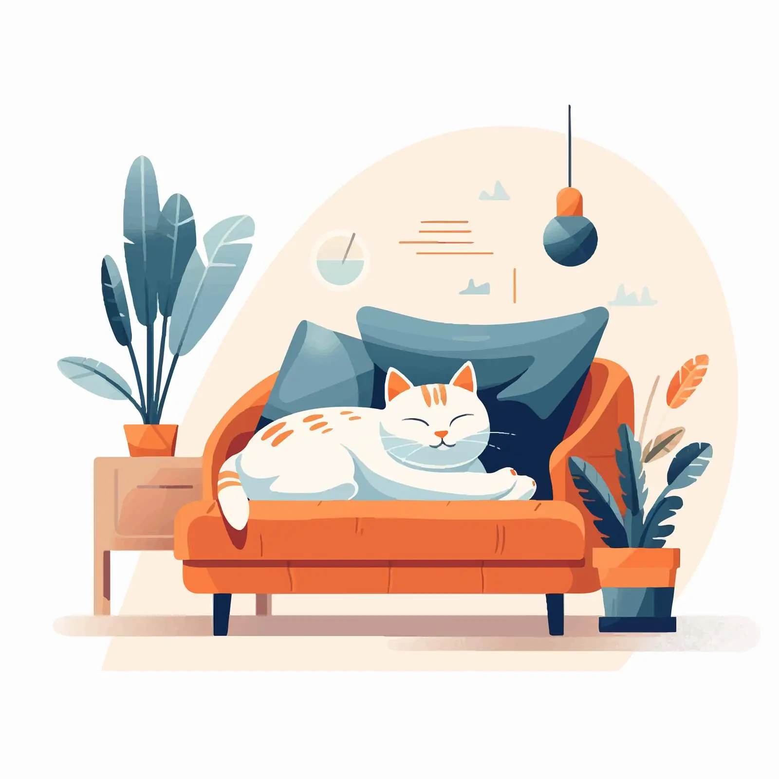 Cozy Living Room with Sleeping Cat and Plants – free decor styles image from Dotvec