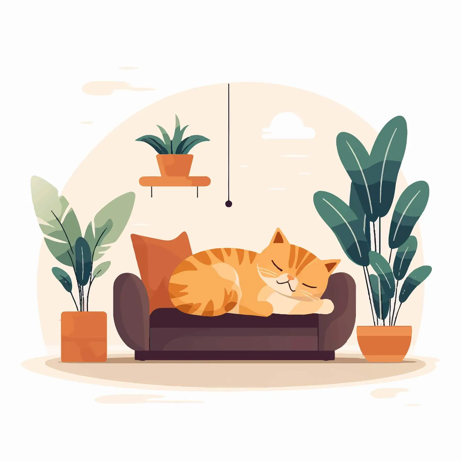 Cozy Living Room with Sleeping Cat and Plants — free download from Dotvec