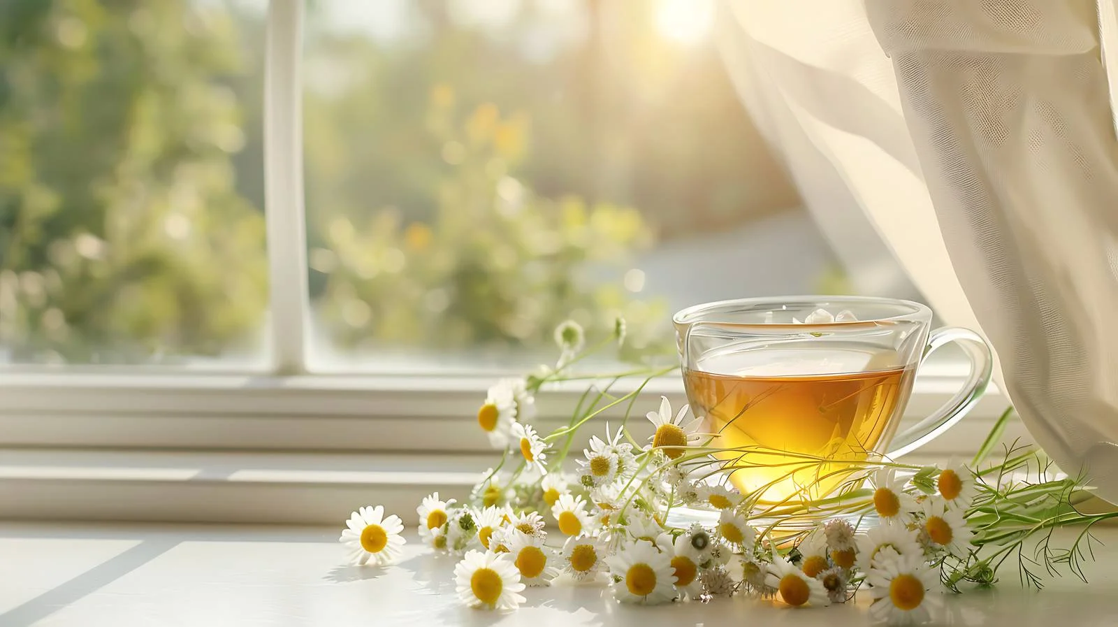 Elegant Chamomile Tea Cup Resting in Window — free download from Dotvec