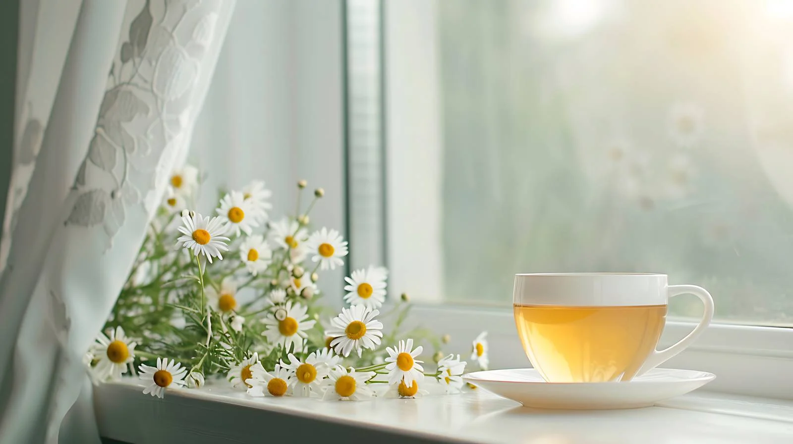 Elegant Chamomile Tea Cup on Window — free download from Dotvec
