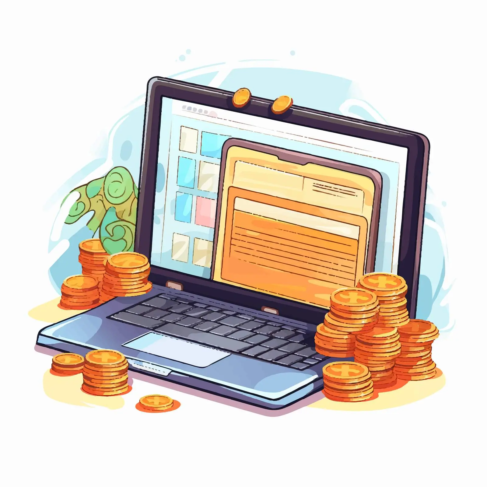 Laptop and Financial Documents Cartoon Vector Illustration — free download from Dotvec