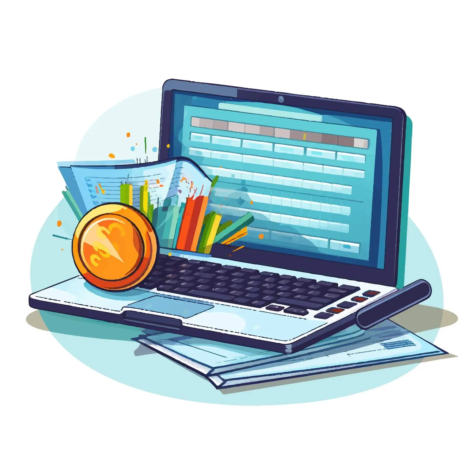 Laptop with Financial Documents Cartoon Vector — free download from Dotvec