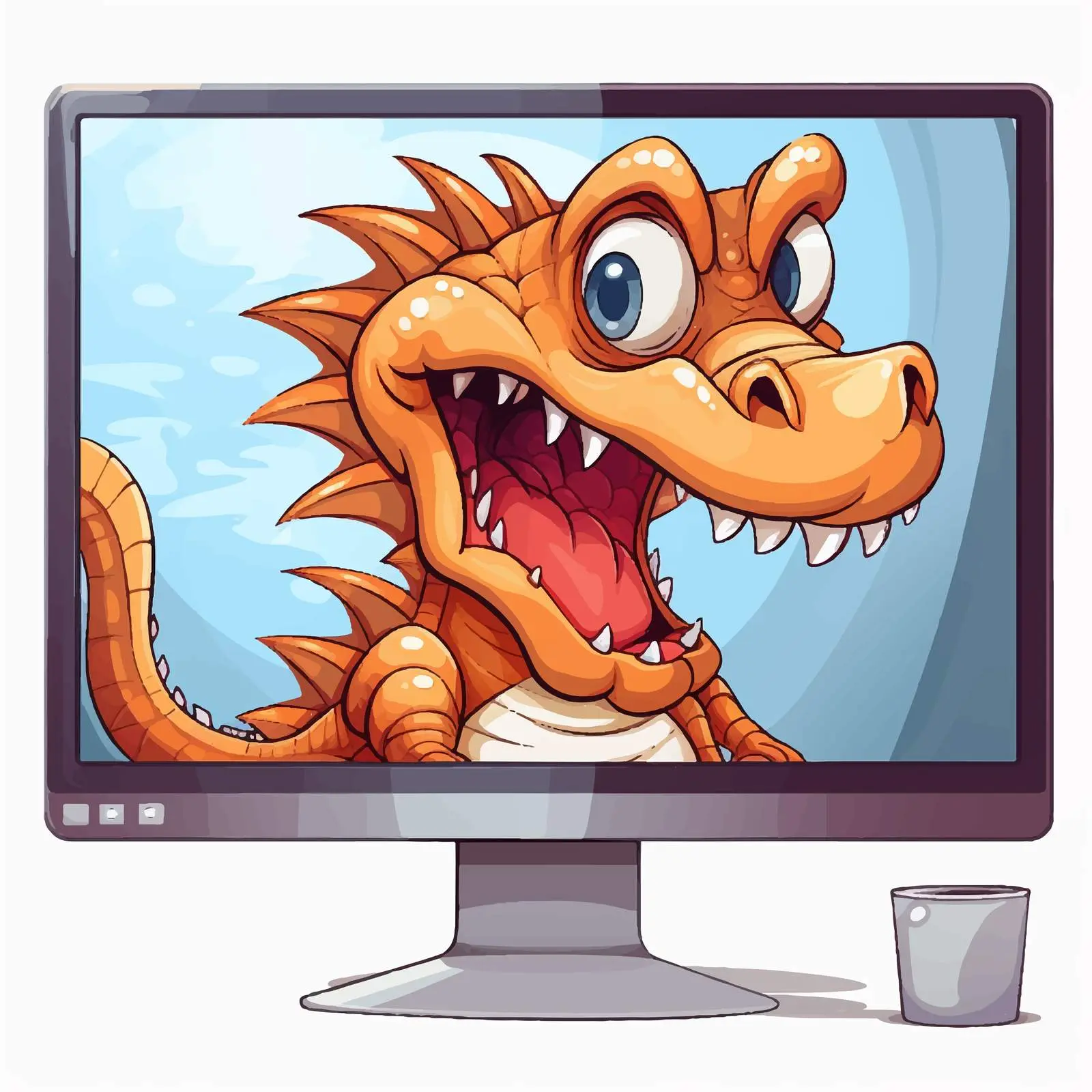 Cartoon Dragon Character by Computer Monitor on Table — free download from Dotvec