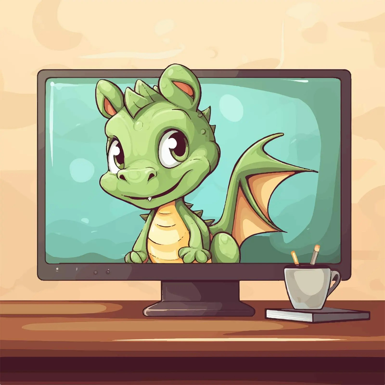 Cartoon Dragon Beside Computer Monitor on Table — free download from Dotvec