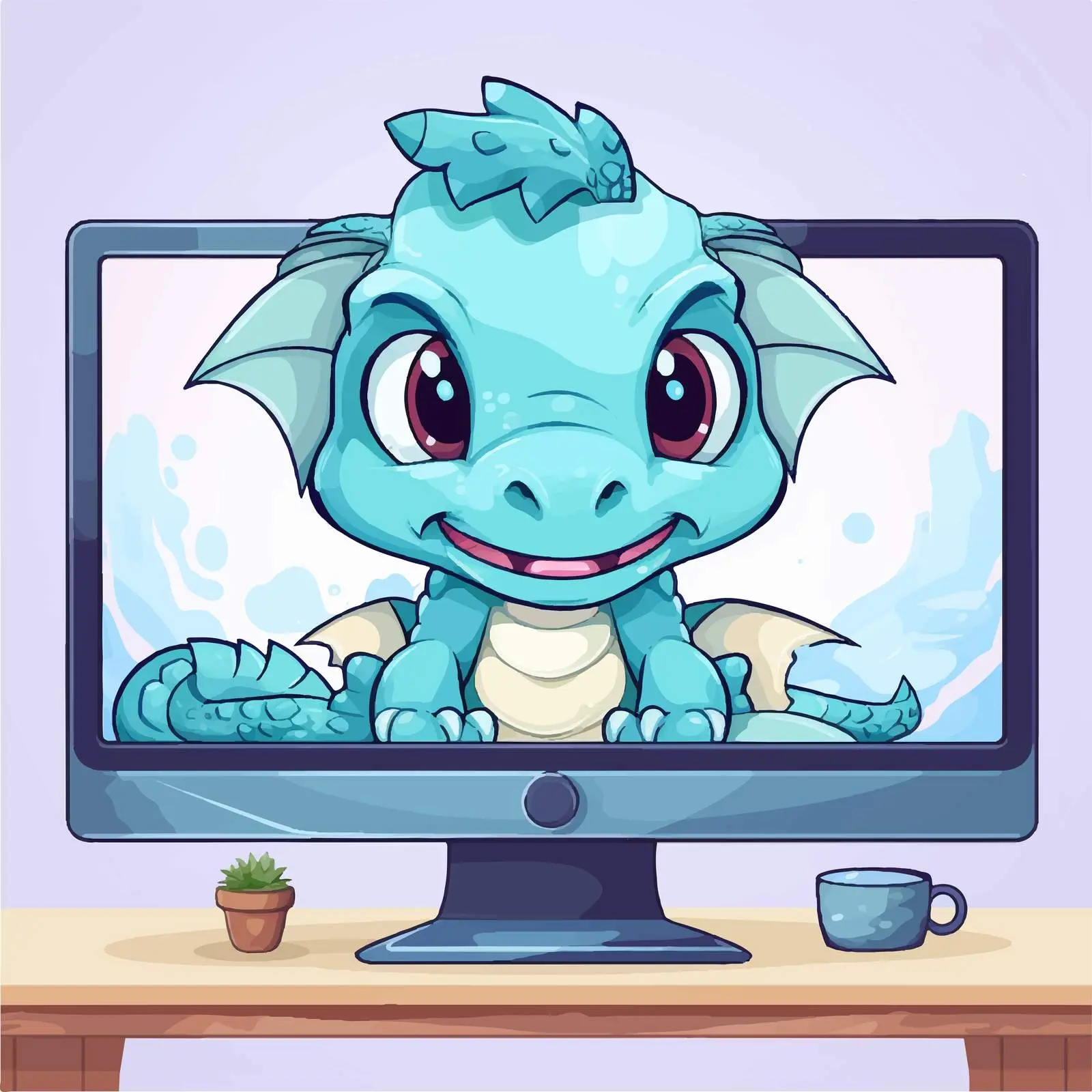 Cartoon Dragon Character with Computer Monitor – free desktop setup image from Dotvec