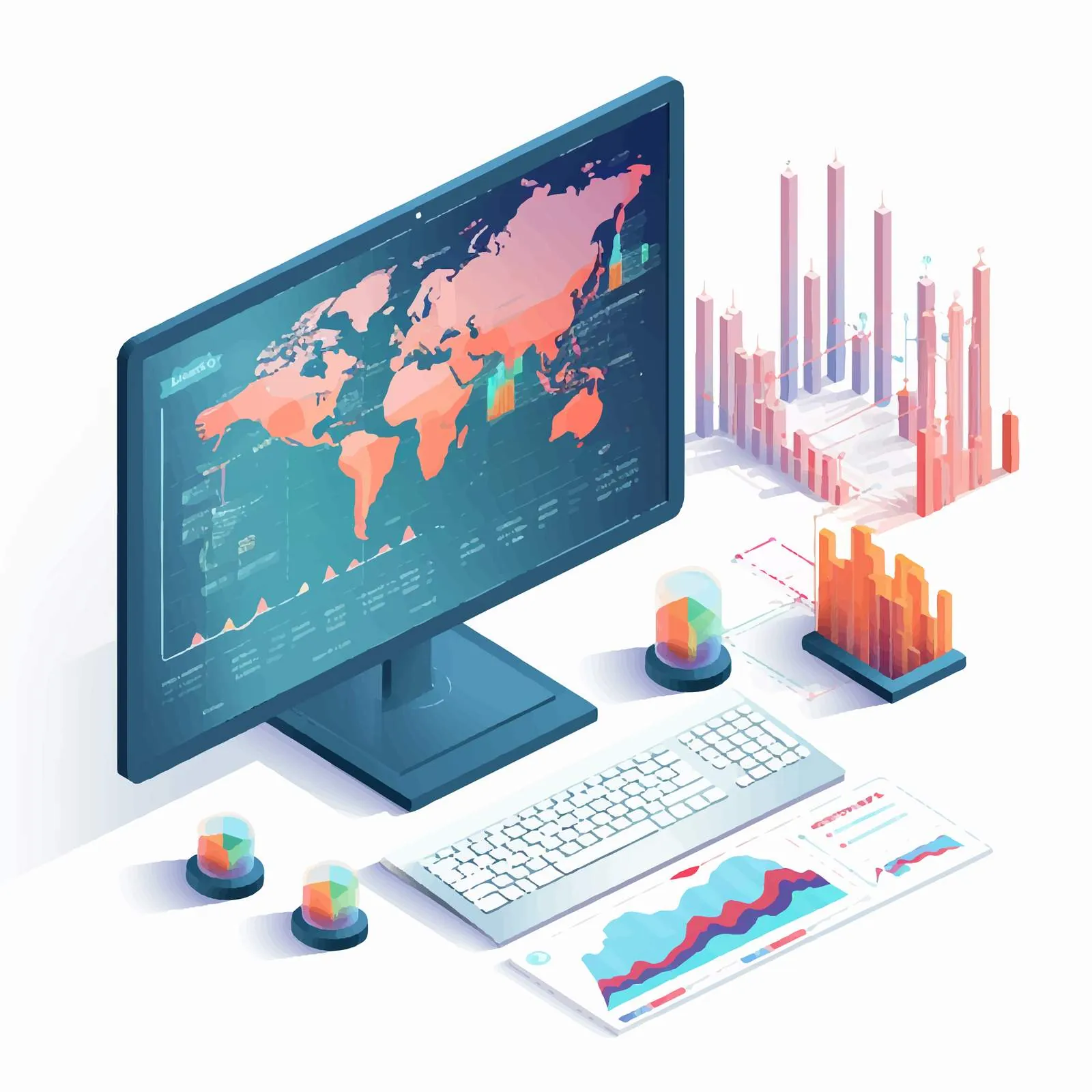 Isometric Computer with Charts Display Illustration — free download from Dotvec