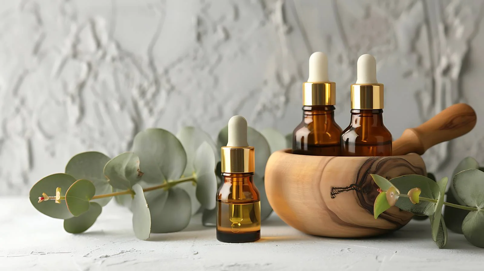 Cosmetic Oil Bottles Set with Wooden Mortar — free download from Dotvec
