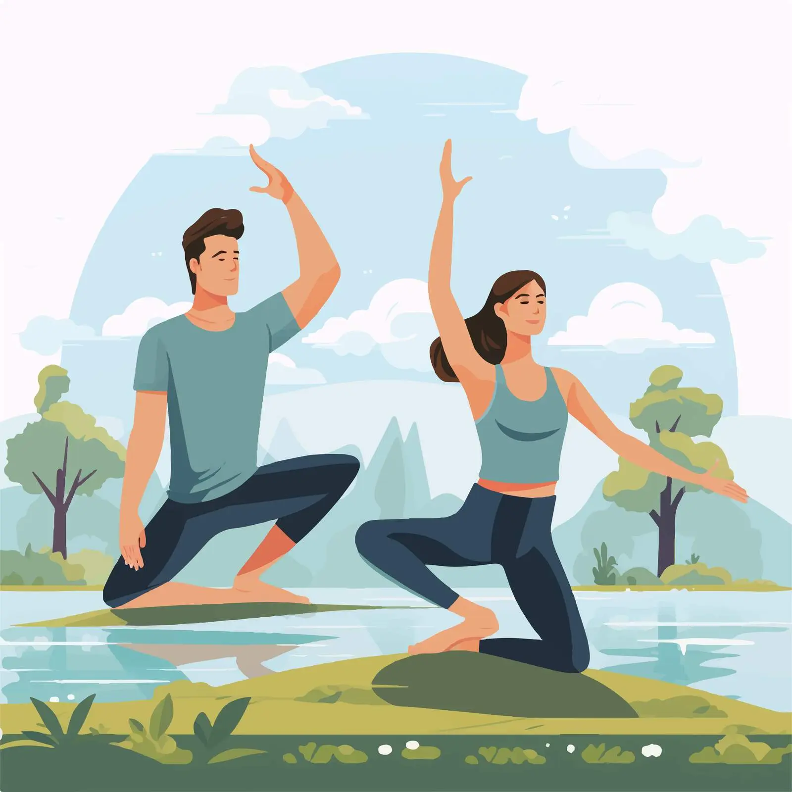 Couple Practicing Yoga in Park Illustration — free download from Dotvec