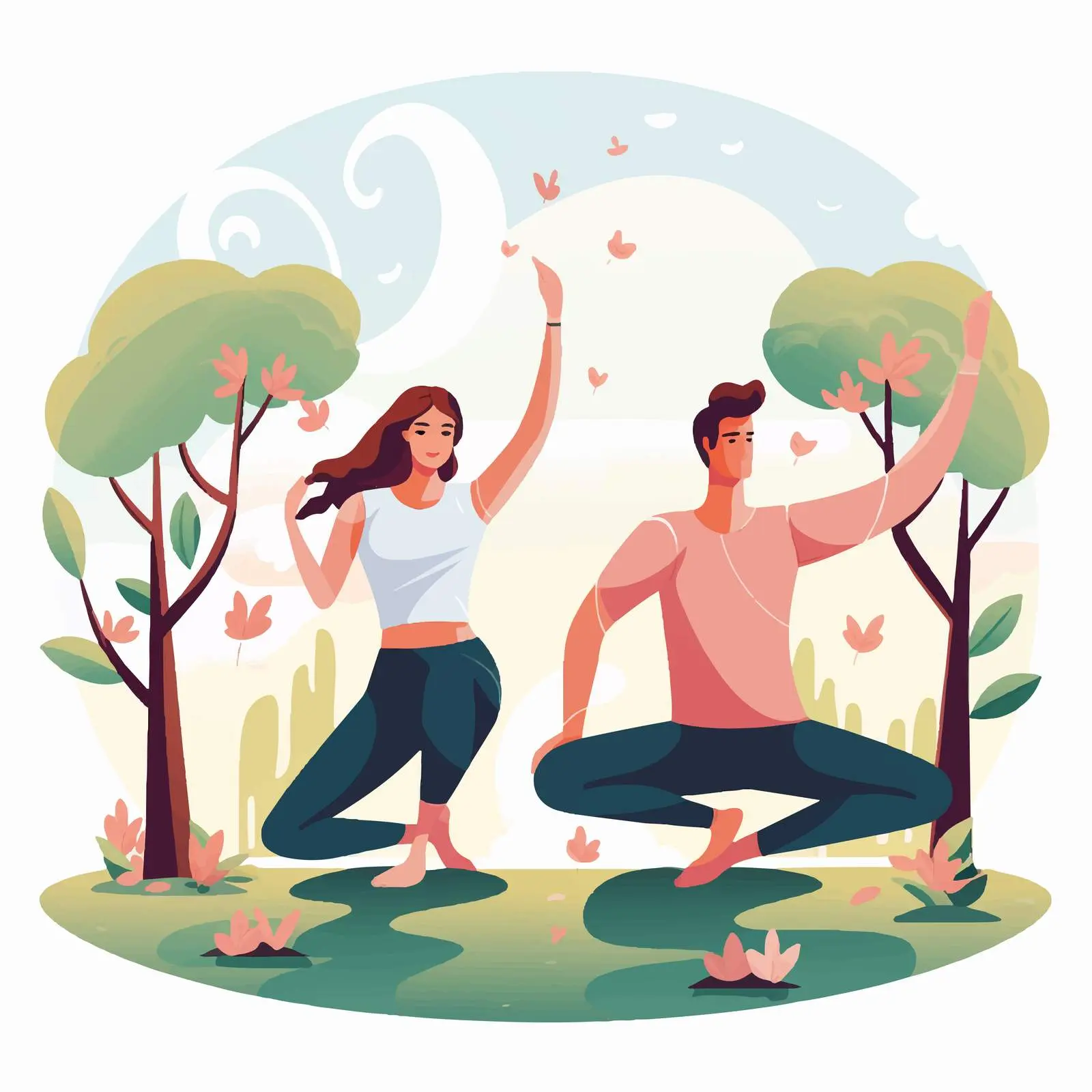 Couple Practicing Yoga in Park Illustration — free download from Dotvec