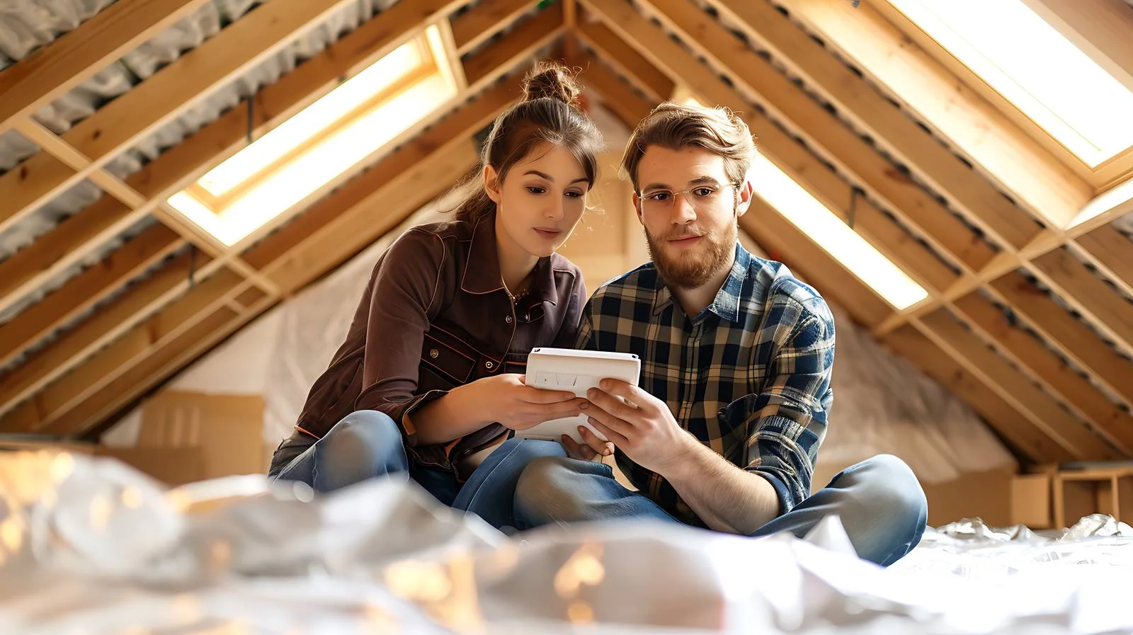 Renovation-ready couple browsing catalog in attic — free download from Dotvec