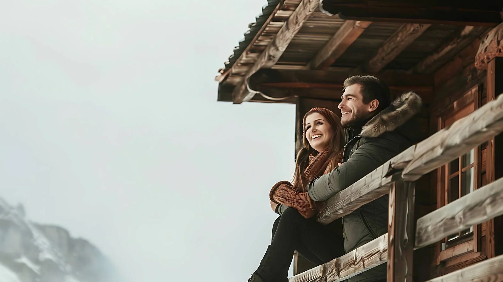 Serene Mountain Hut Couple Smiling Together — free download from Dotvec