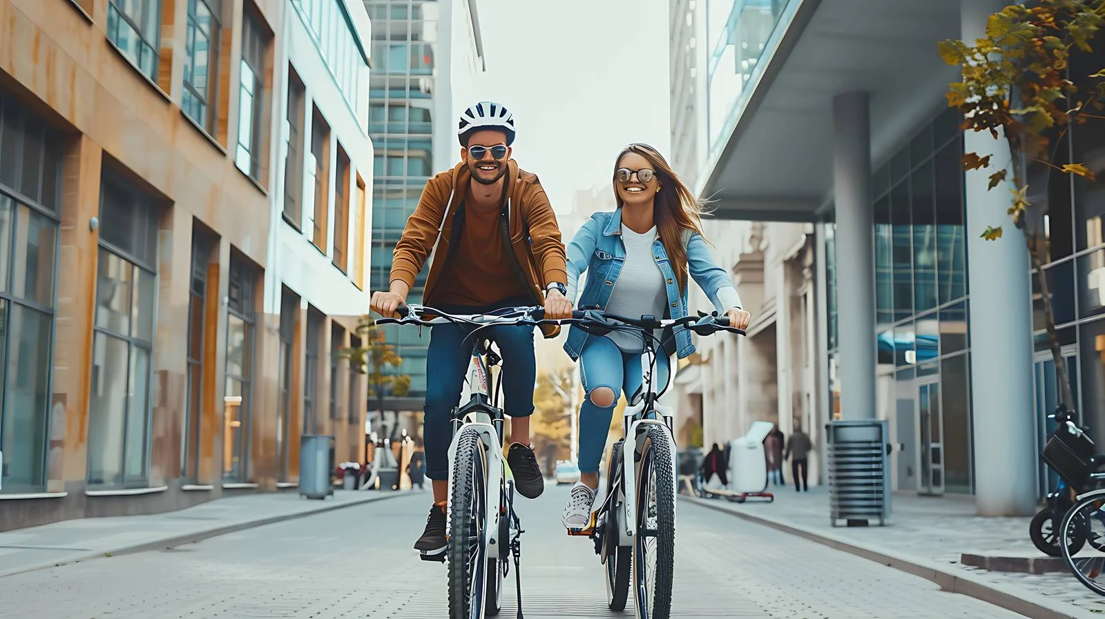 Urban Couple Riding E-Bikes on City Bicycle Path — free download from Dotvec