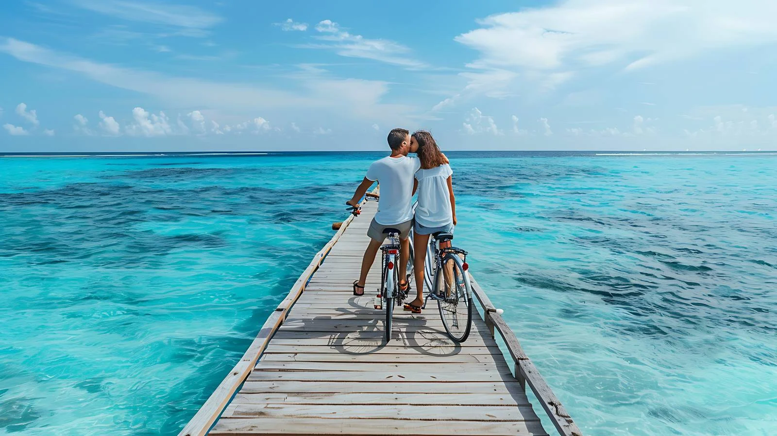 Romantic couple biking and kissing on pier — free download from Dotvec