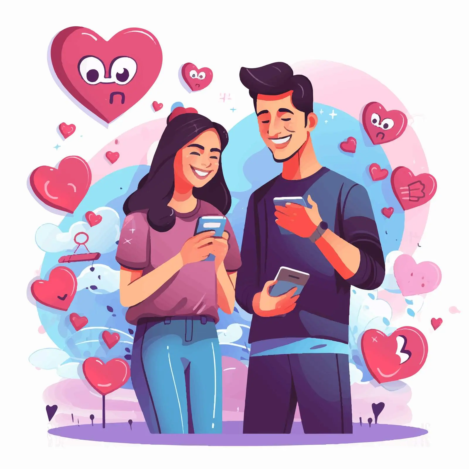 Couple with Social Media Icons Cartoon Illustration — free download from Dotvec