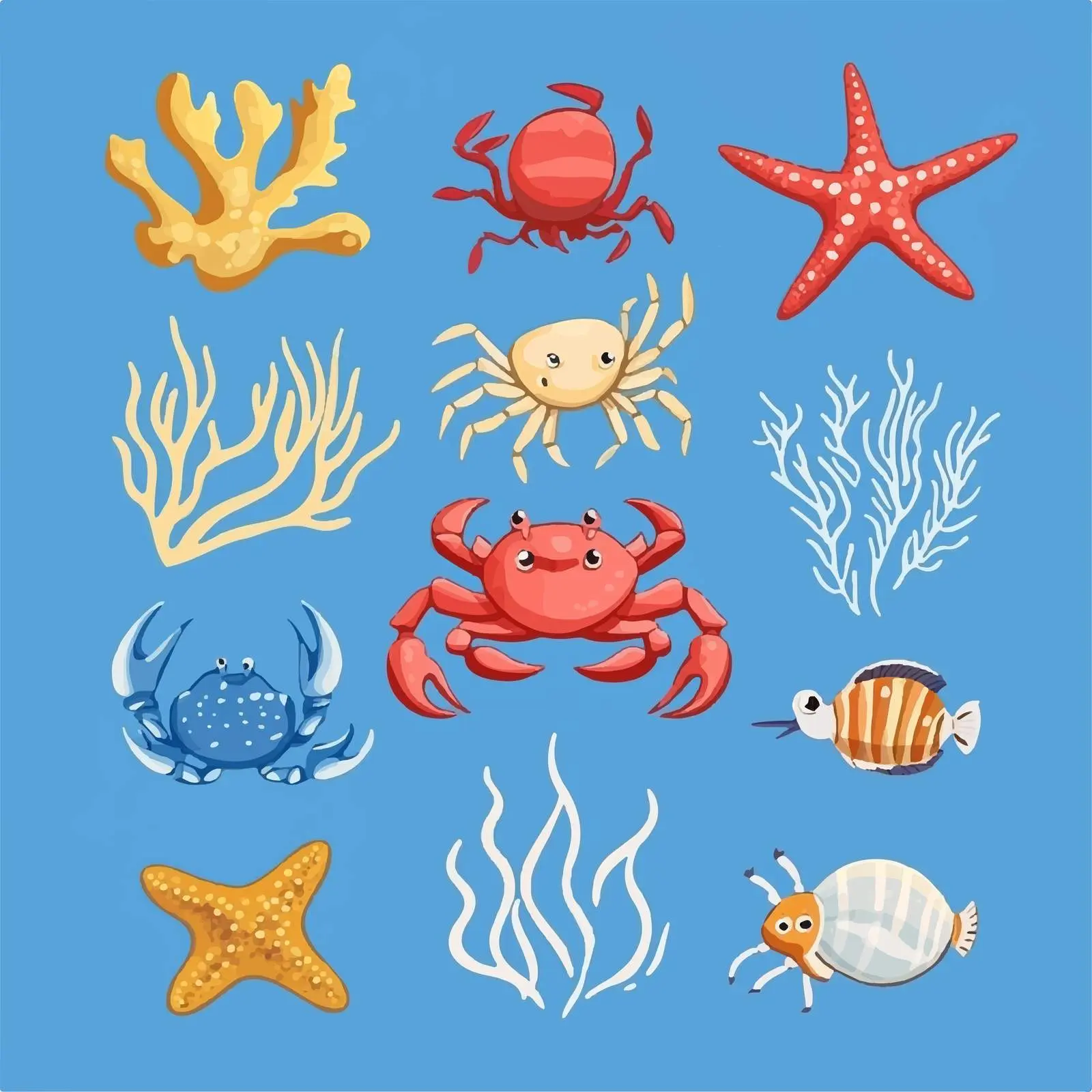 Underwater Vectors with Crab, Starfish, and Corals – free sea animals image from Dotvec