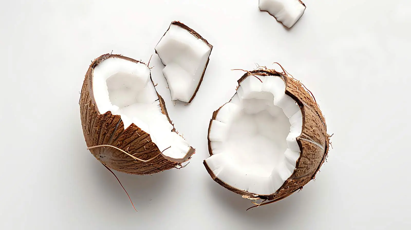 Cracked Coconut on White Background Top View – free snacks image from Dotvec