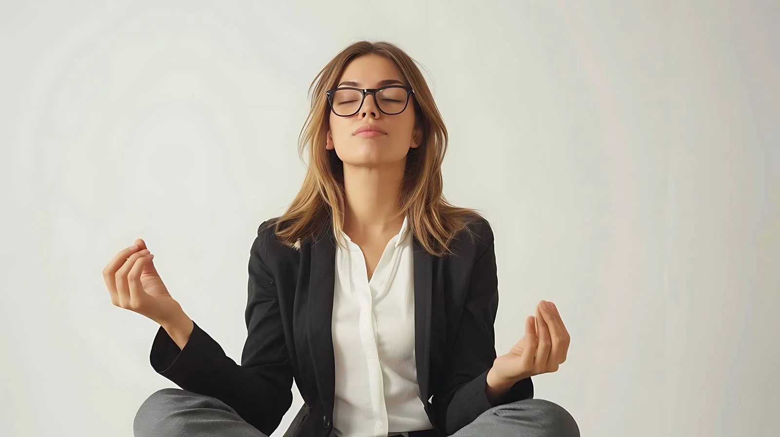 Focused Businesswoman Meditating in Isolated Office — free download from Dotvec