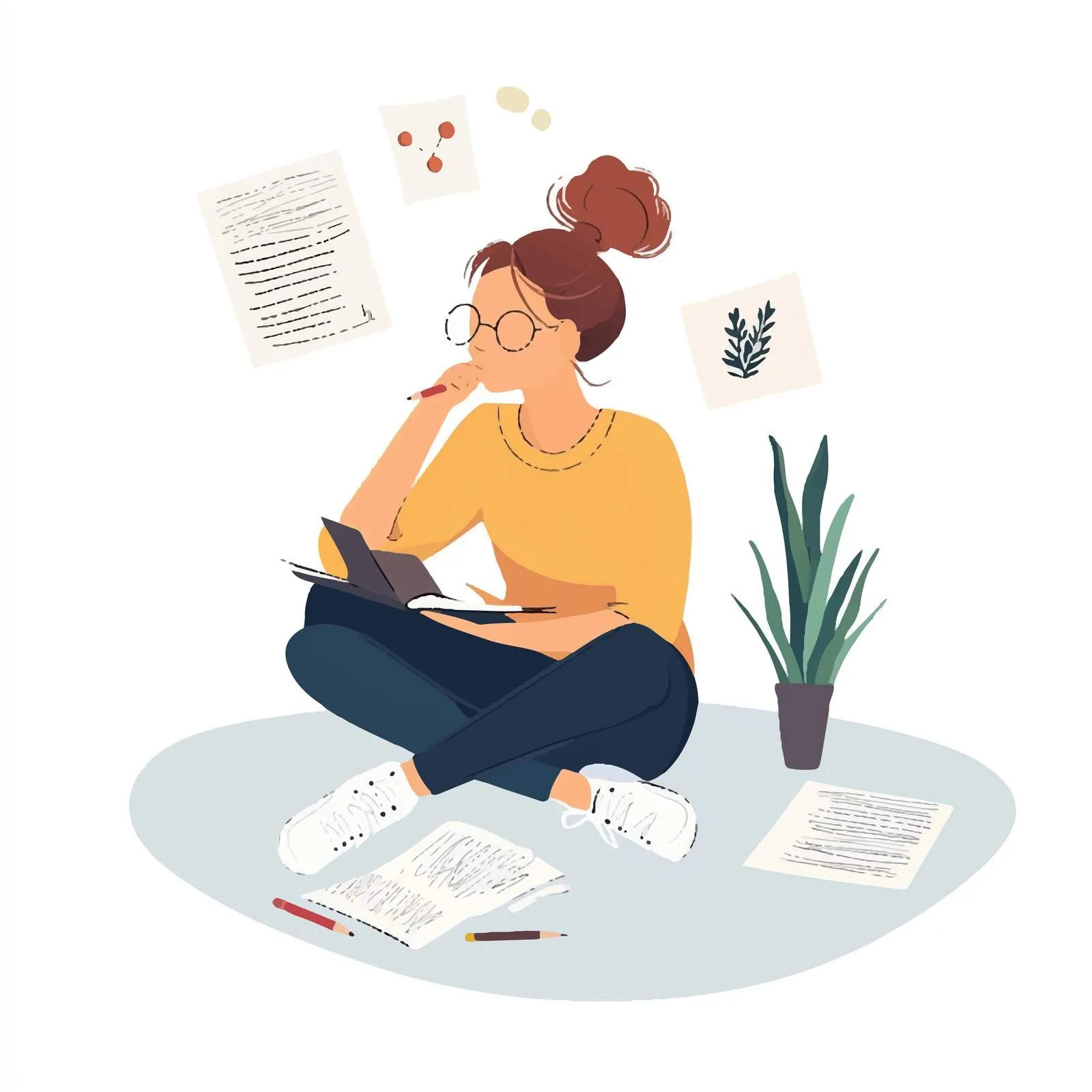 Young Woman Thinking and Writing on Paper — free download from Dotvec