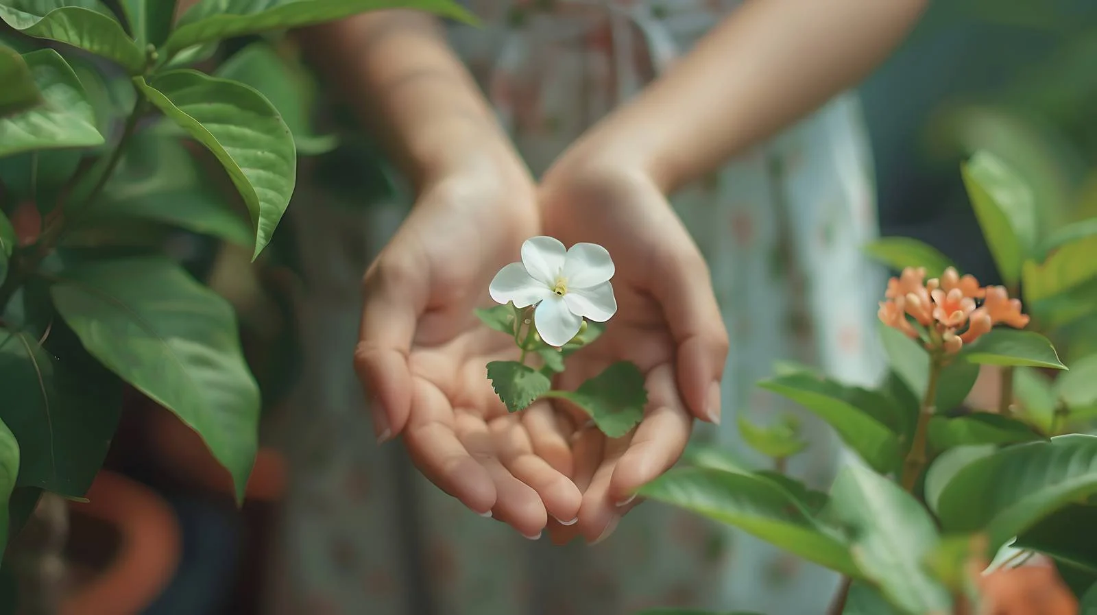 Delicate white flower held by girl's hands — free download from Dotvec