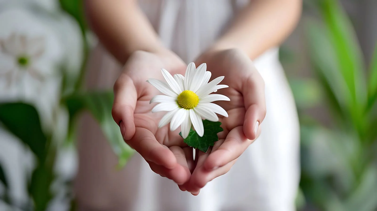 Girl's Hands Holding White Flower Outdoors — free download from Dotvec