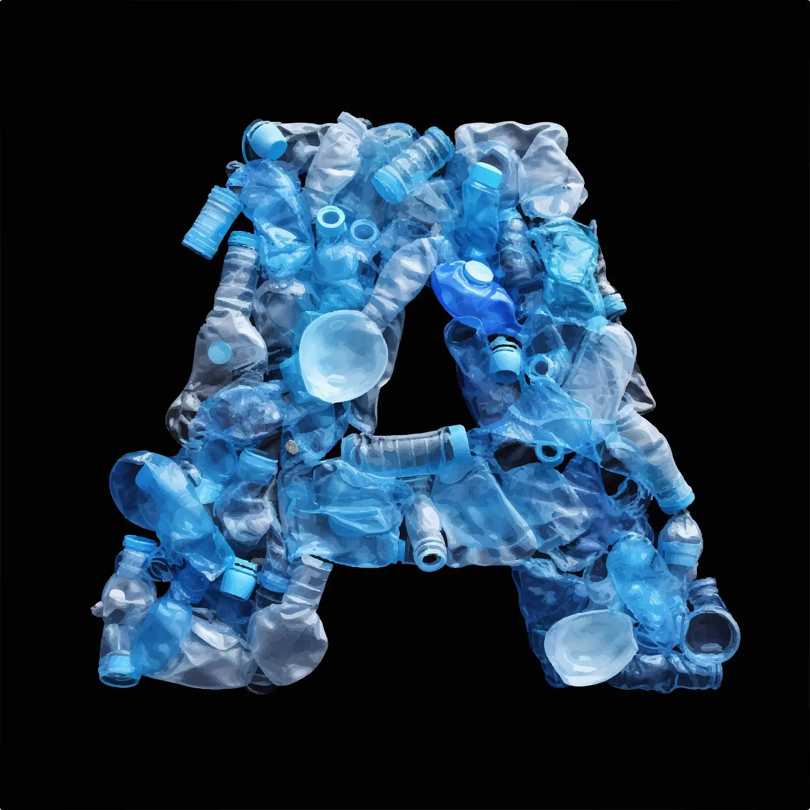 Crumpled Blue Plastic Bottles Alphabet on White Background – free eco art image from Dotvec