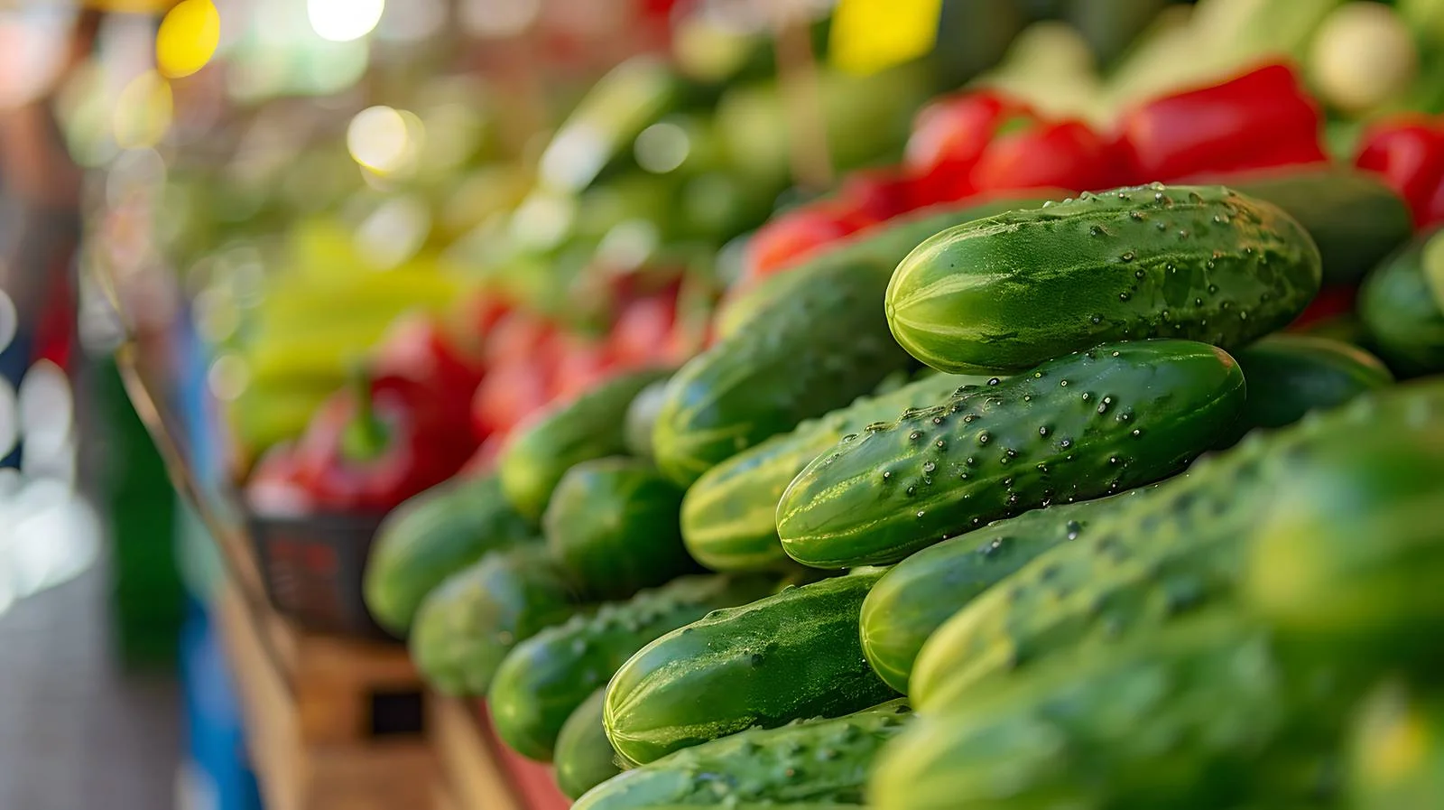 Fresh Cucumbers on Market Stall Background — free download from Dotvec