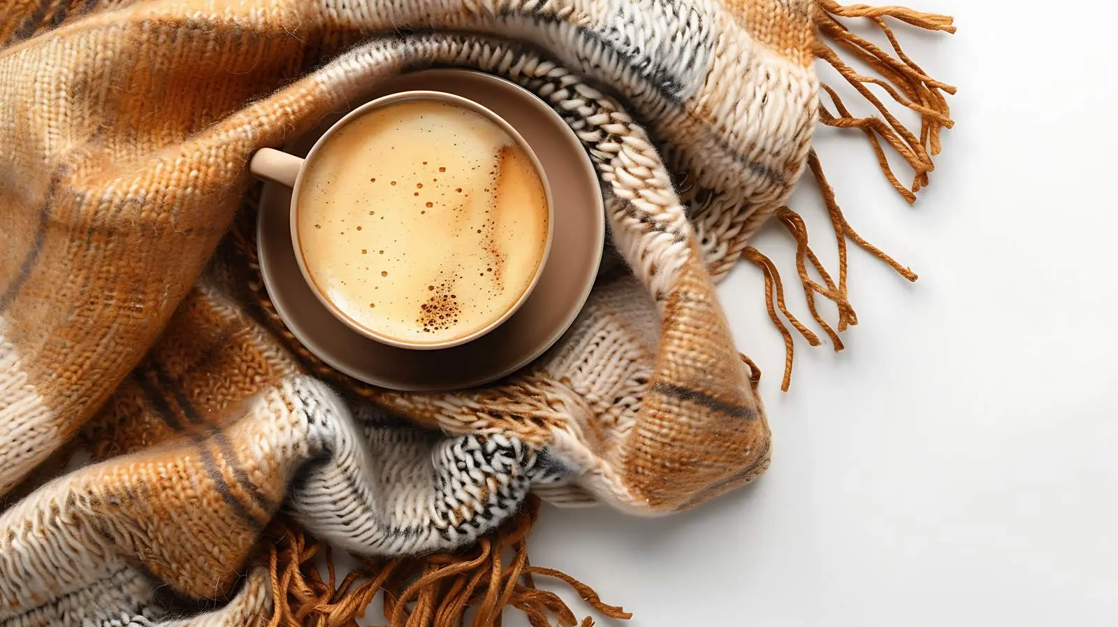 Cup of Coffee on Ginger Blanket Flat Lay – free enjoyment image from Dotvec