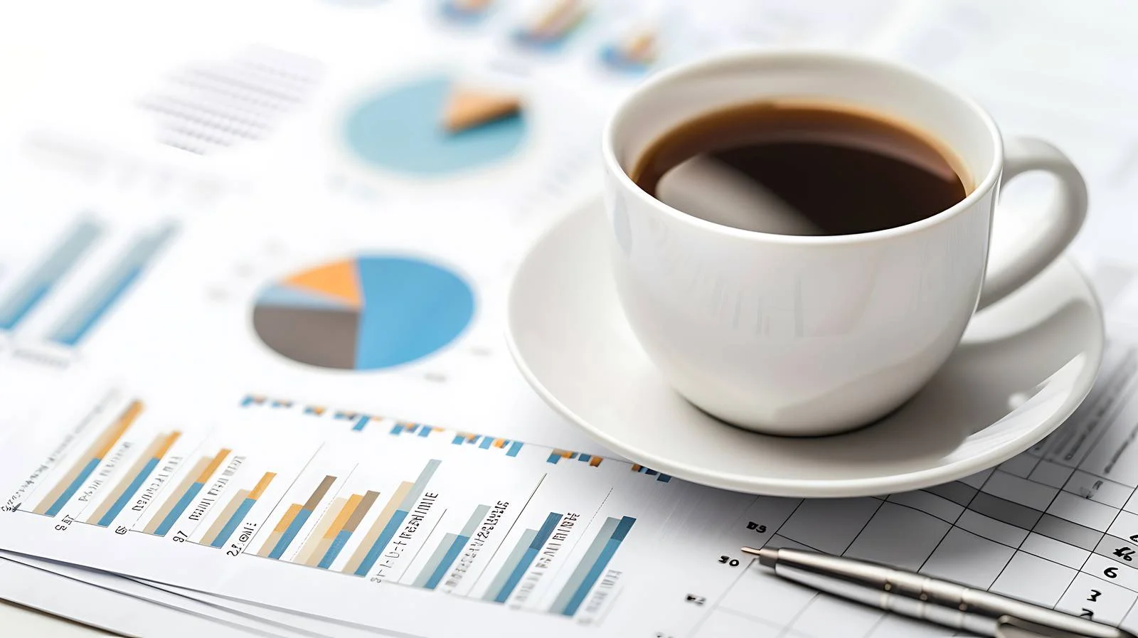 Professional Office Desk with Data and Coffee — free download from Dotvec