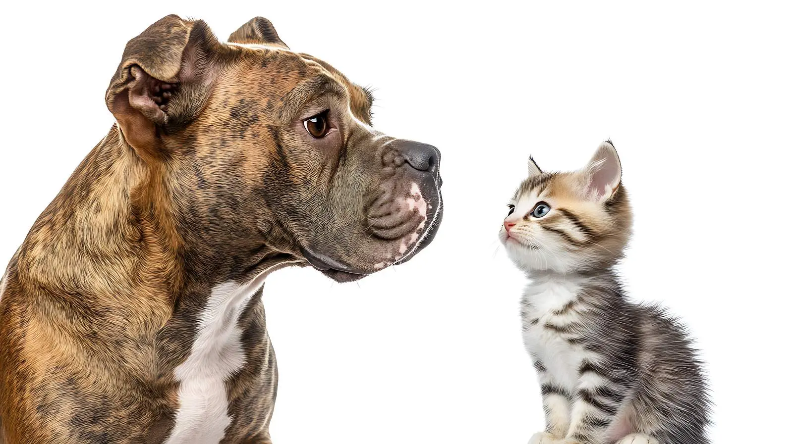 Curious Boy with Staffordshire Terrier and Kitten – free tender moment image from Dotvec
