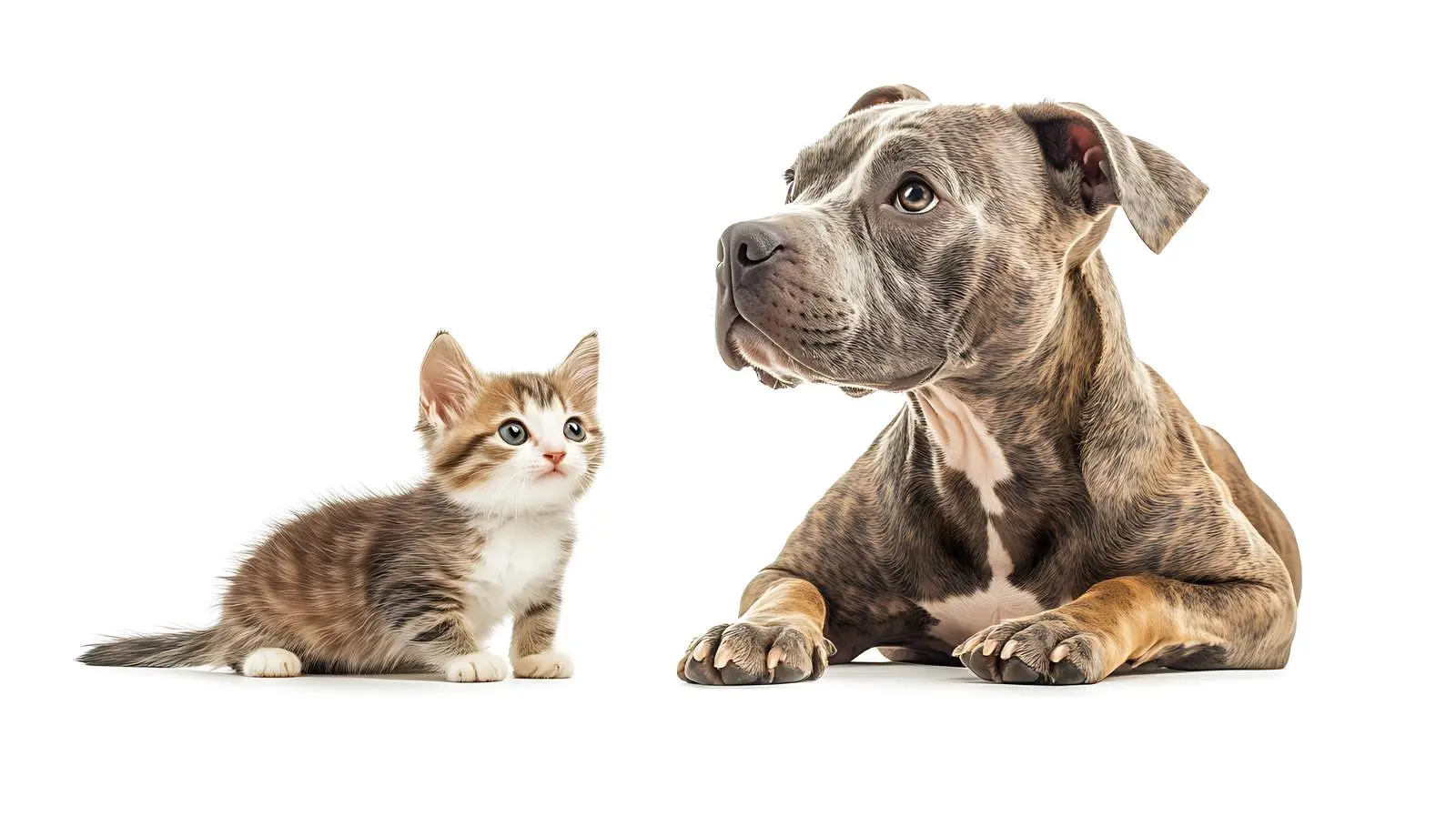 Curious Boy with Staffordshire Terrier and Kitten – free caring image from Dotvec