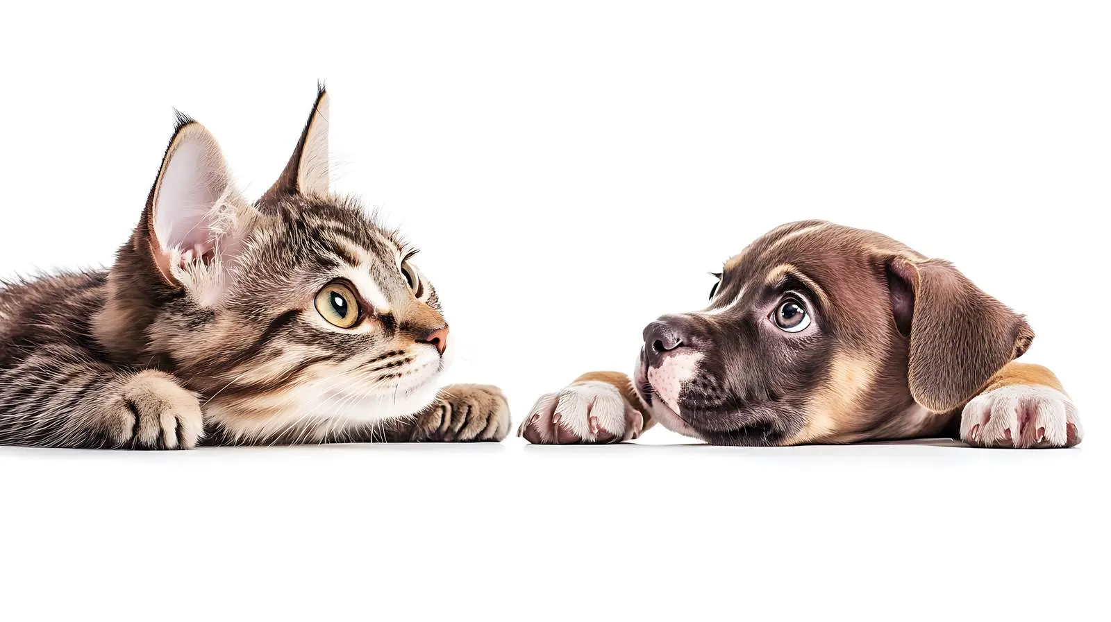 Curious Scottish Straight Cat with Pit Bull Puppy – free eyes image from Dotvec