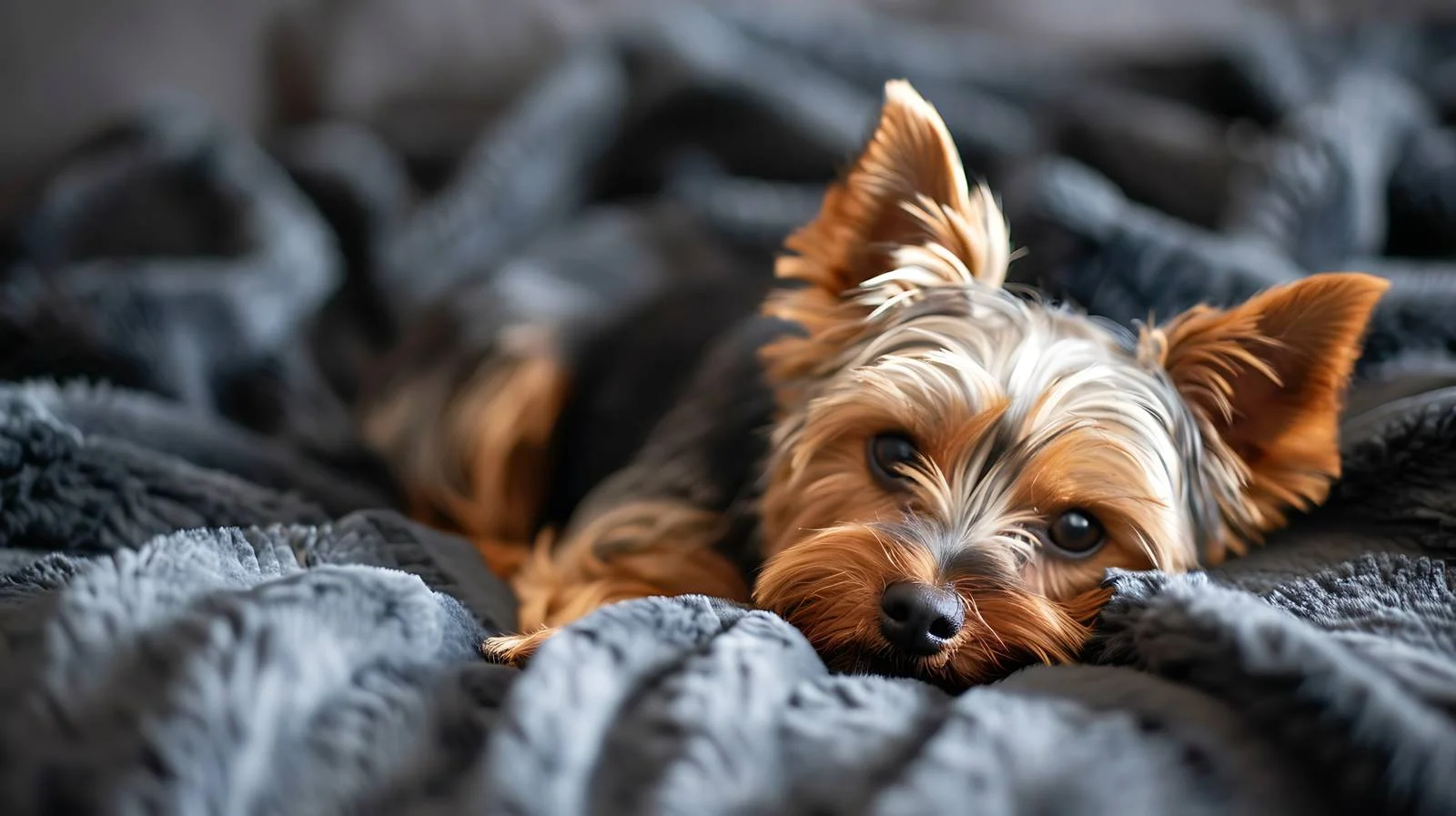 Adorable Yorkshire Terrier Resting on Black Throw — free download from Dotvec