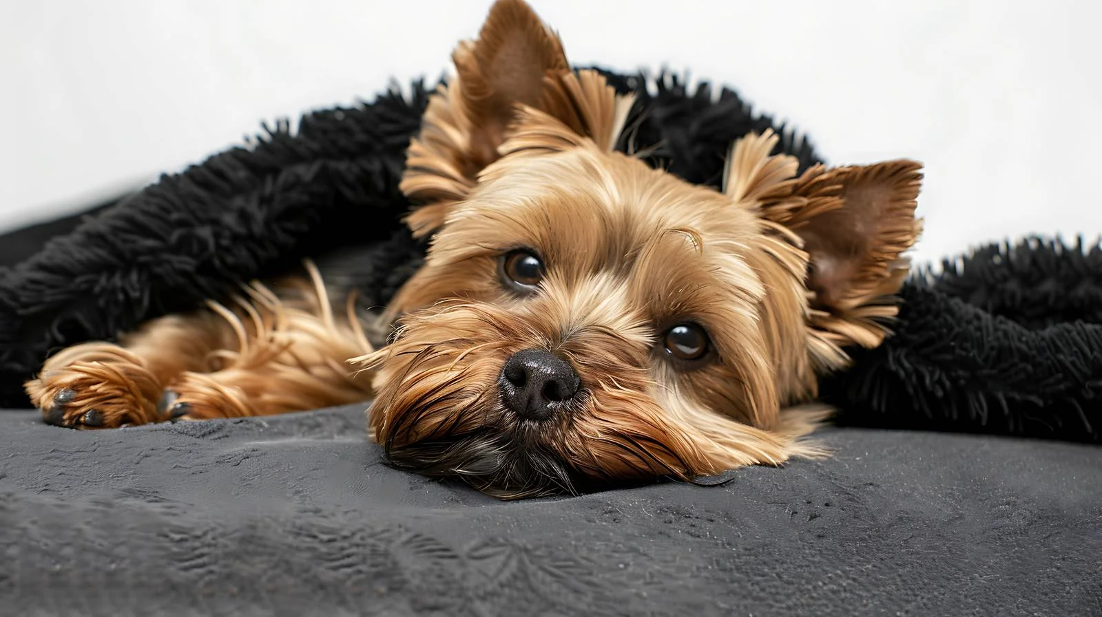 Adorable Yorkshire Terrier Rests on Dark Cover — free download from Dotvec