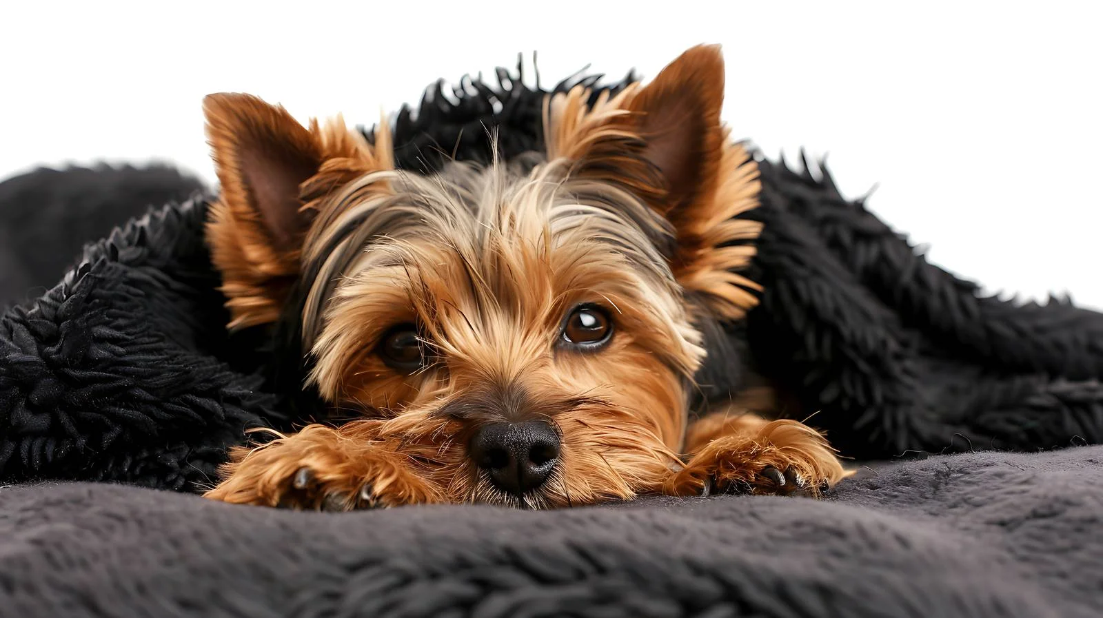 Adorable Yorkshire Terrier Rests on Black Blanket — free download from Dotvec