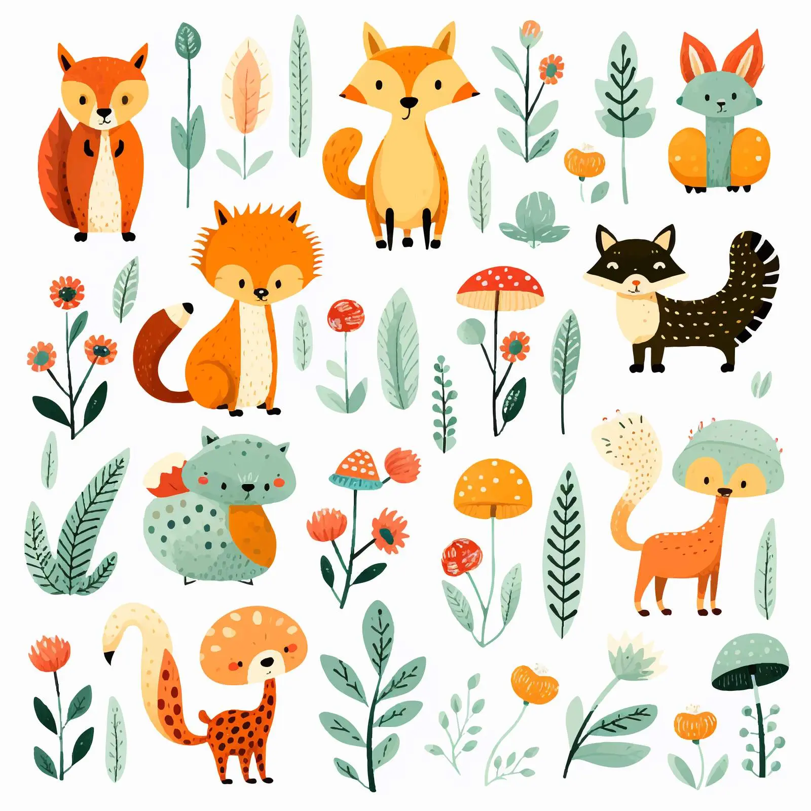 Cute Animals and Plants Vector Illustration — free download from Dotvec