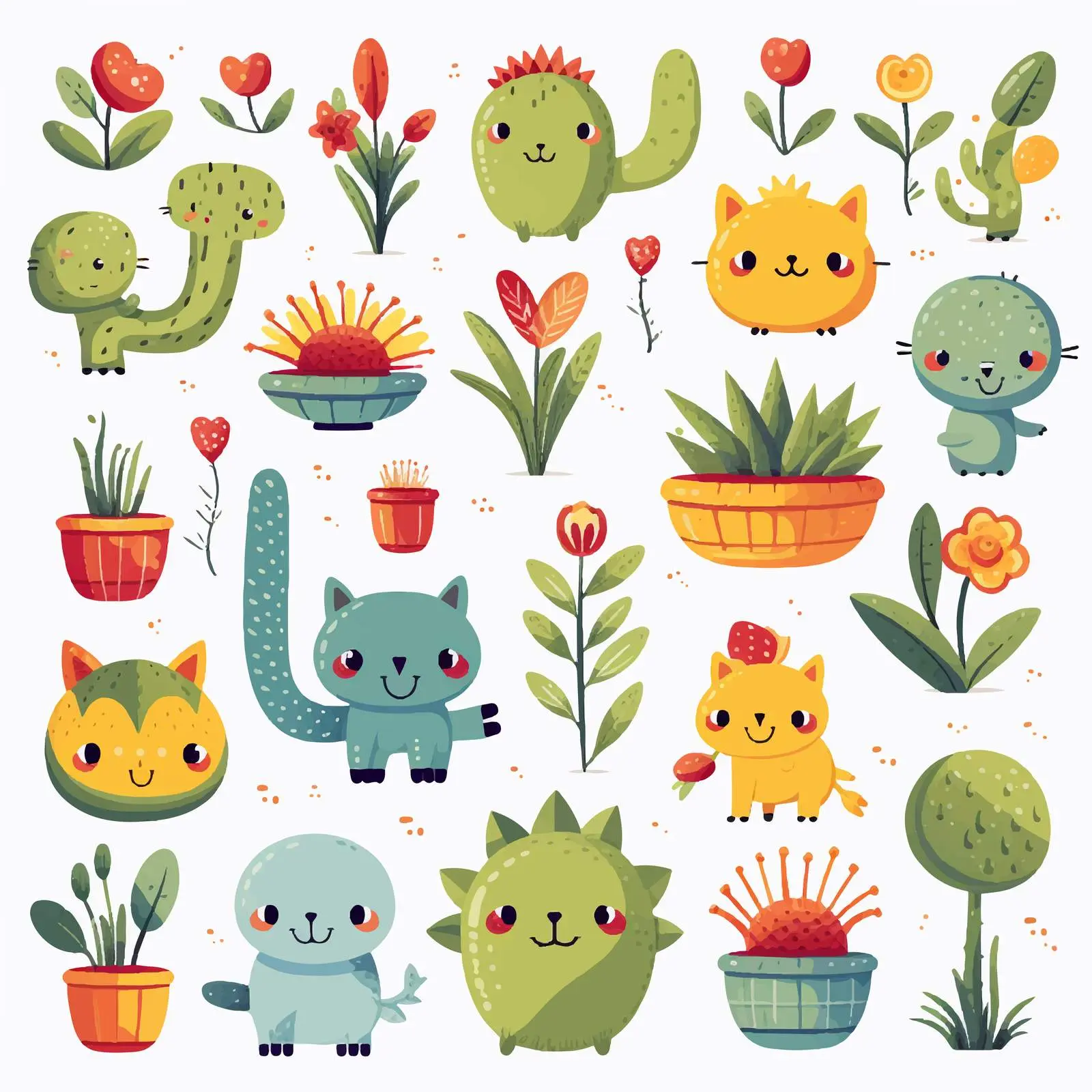 Cute Animals and Plant Vector Illustration – free plant illustrations image from Dotvec