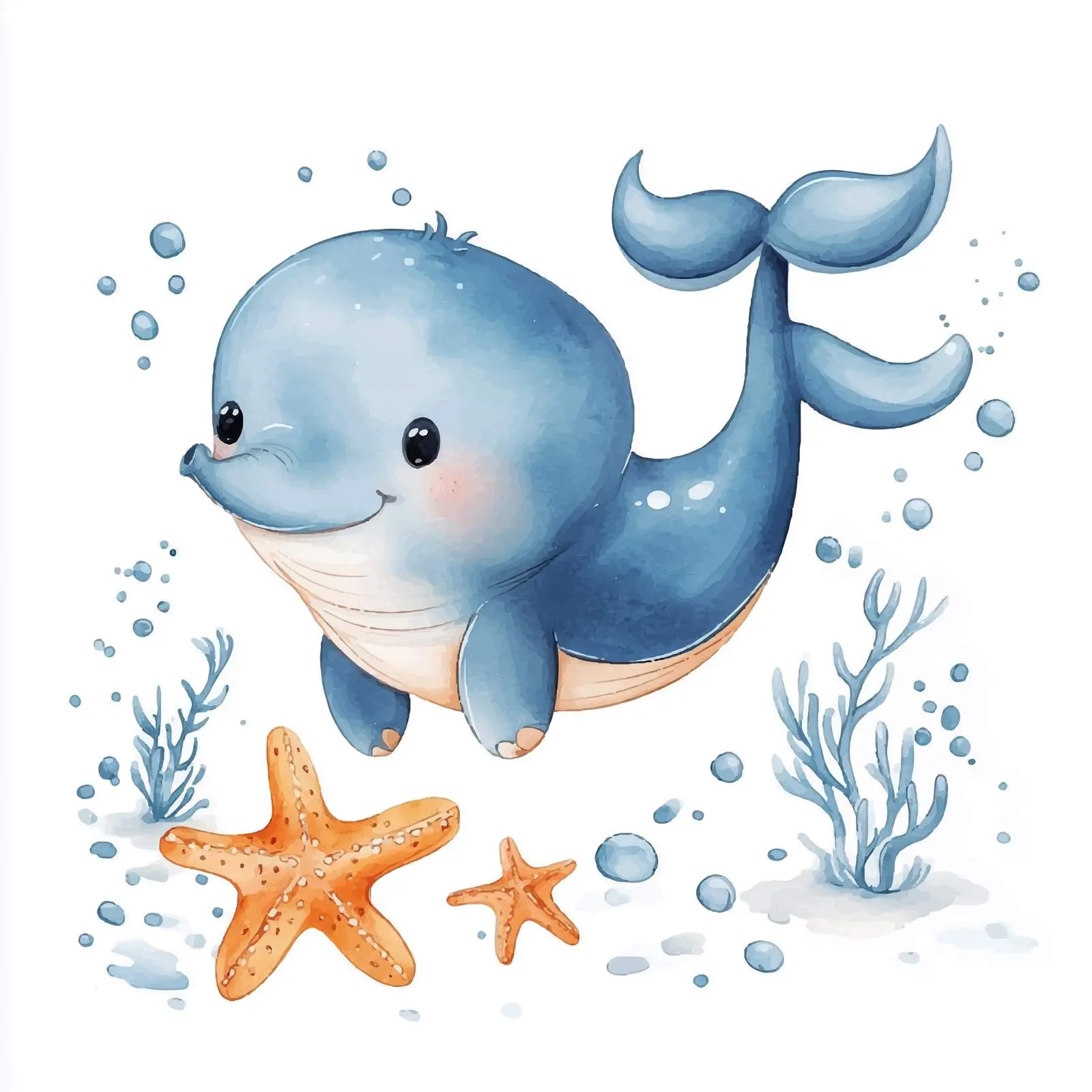 Cute Baby Elephant and Sea Creatures Watercolor Clipart — free download from Dotvec