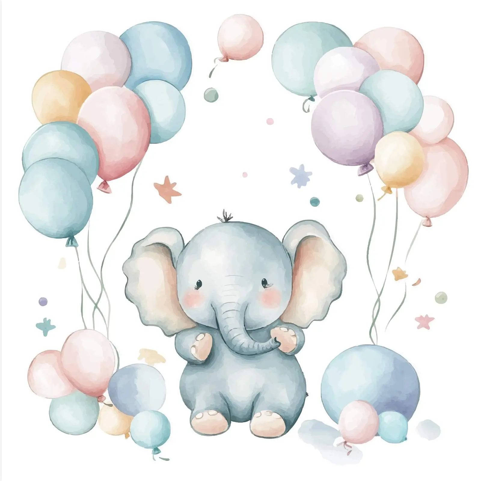 Cute Baby Elephants with Balloons in Watercolor – free elephants image from Dotvec