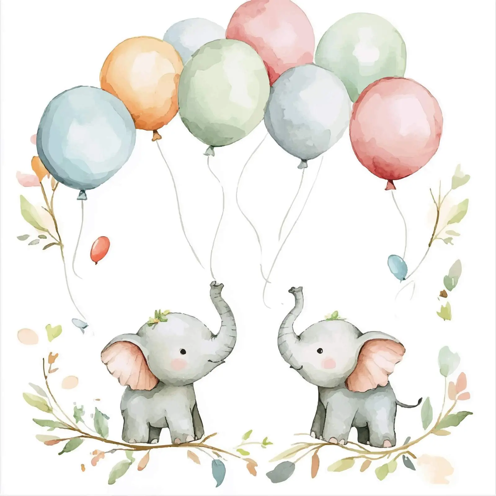 Cute Baby Elephants with Balloons Watercolor – free rounded image from Dotvec