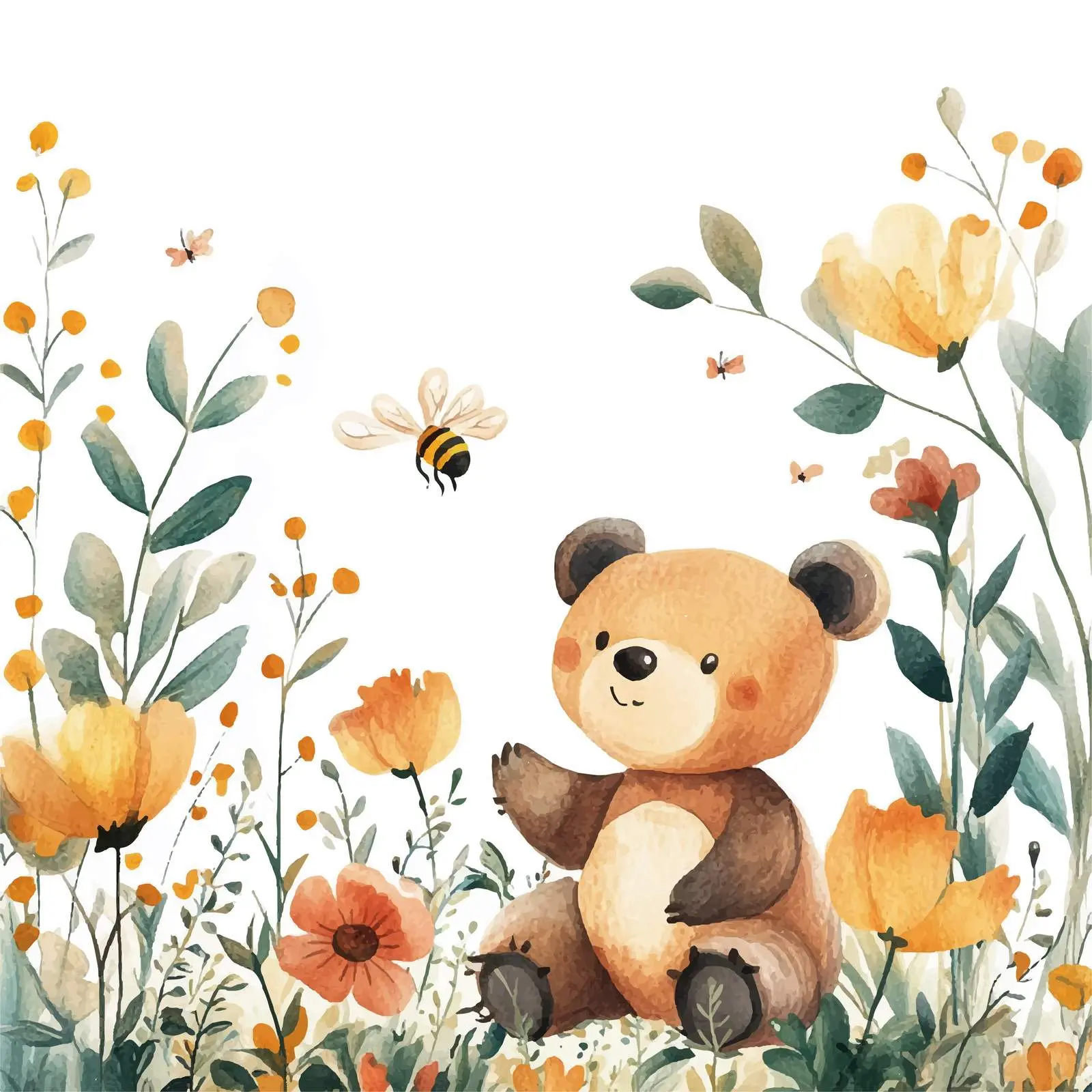 Cute Bear and Bee with Floral Elements — free download from Dotvec